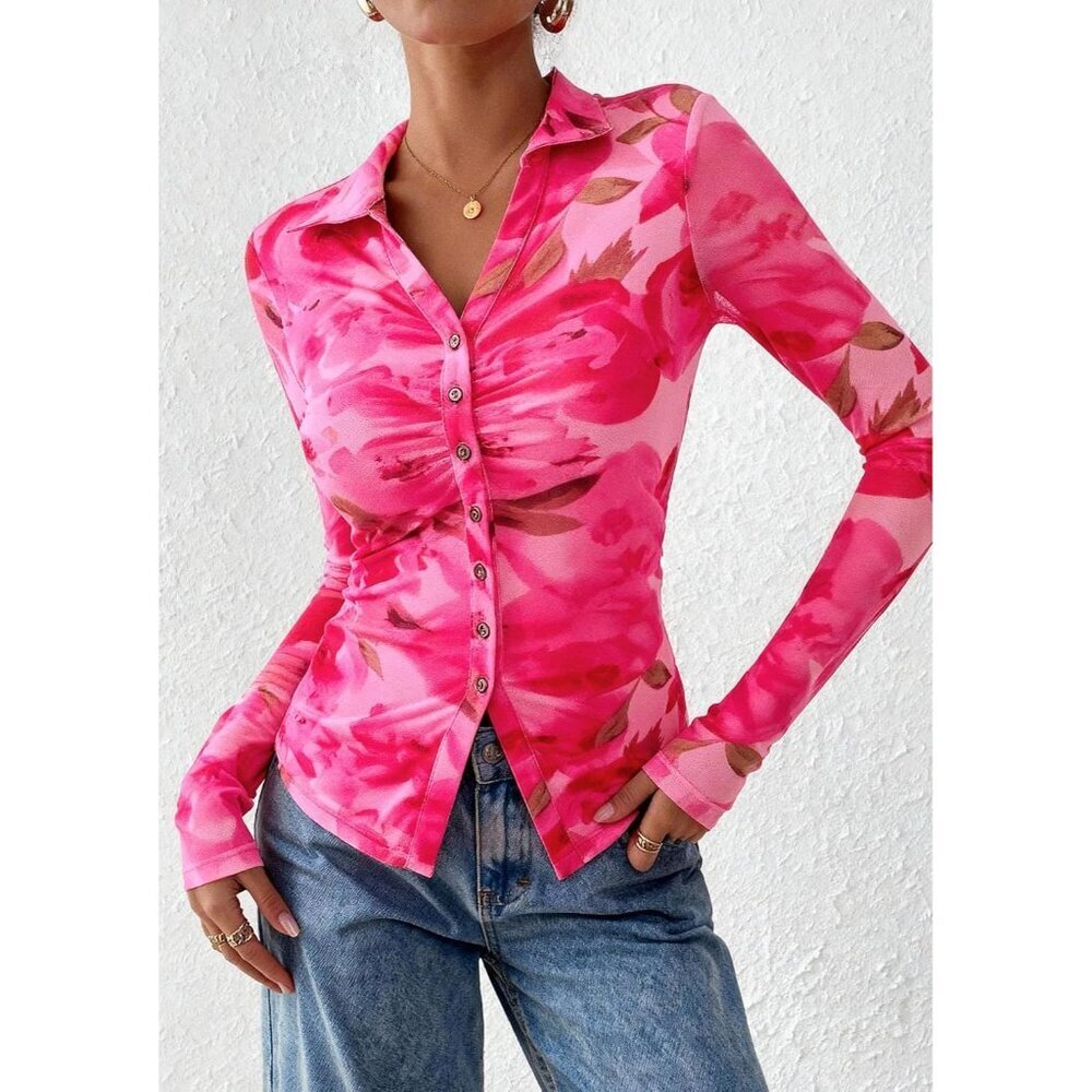 Women Floral Pink Button Down Floral Shirt Trendy Long Sleeve V Neck Blouse Tops - Picture 3 of 6